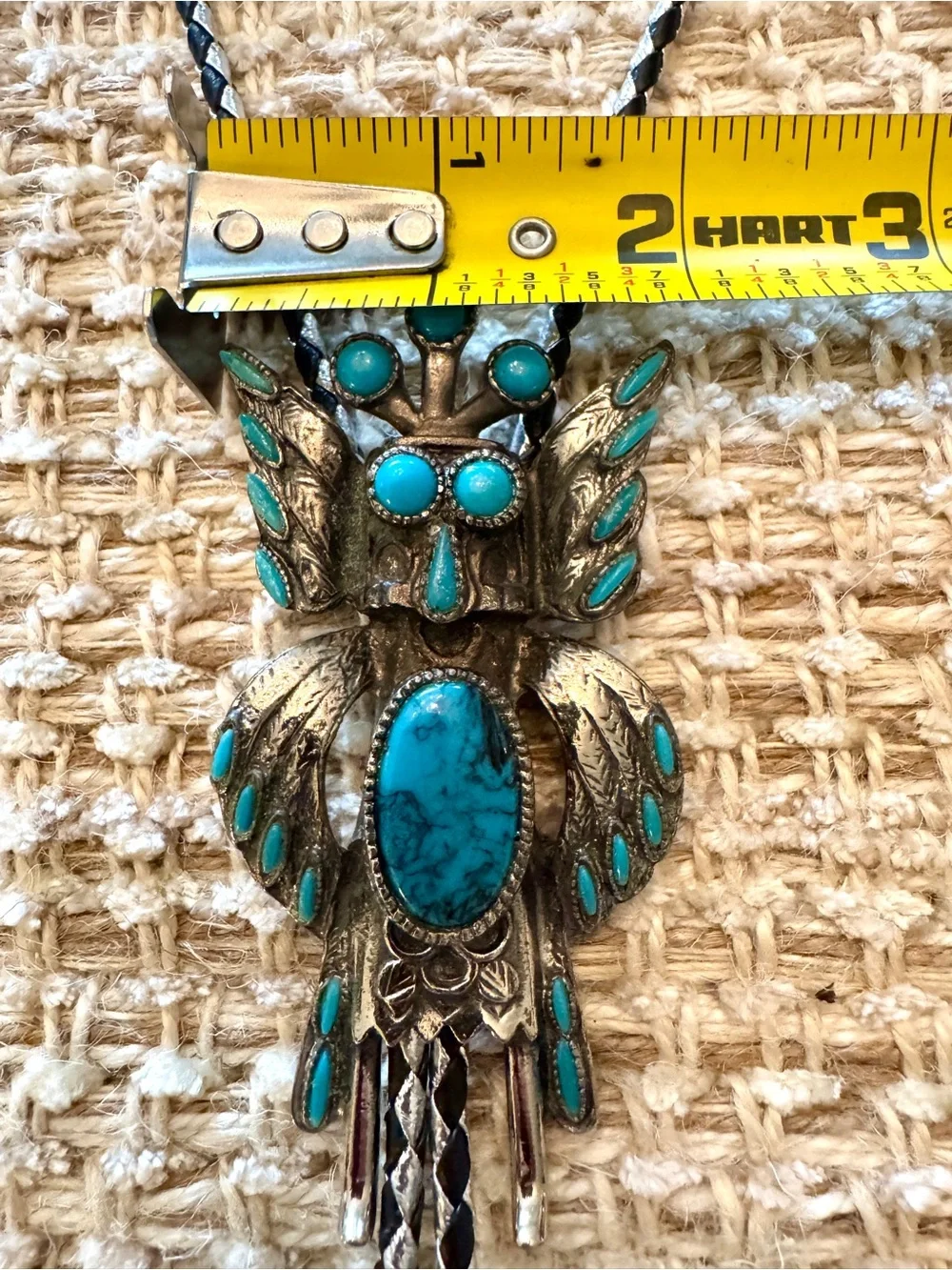 Vintage Sancrest Horned Owl Kachina Dancer Bolo Tie Faux Turquoise 1950s